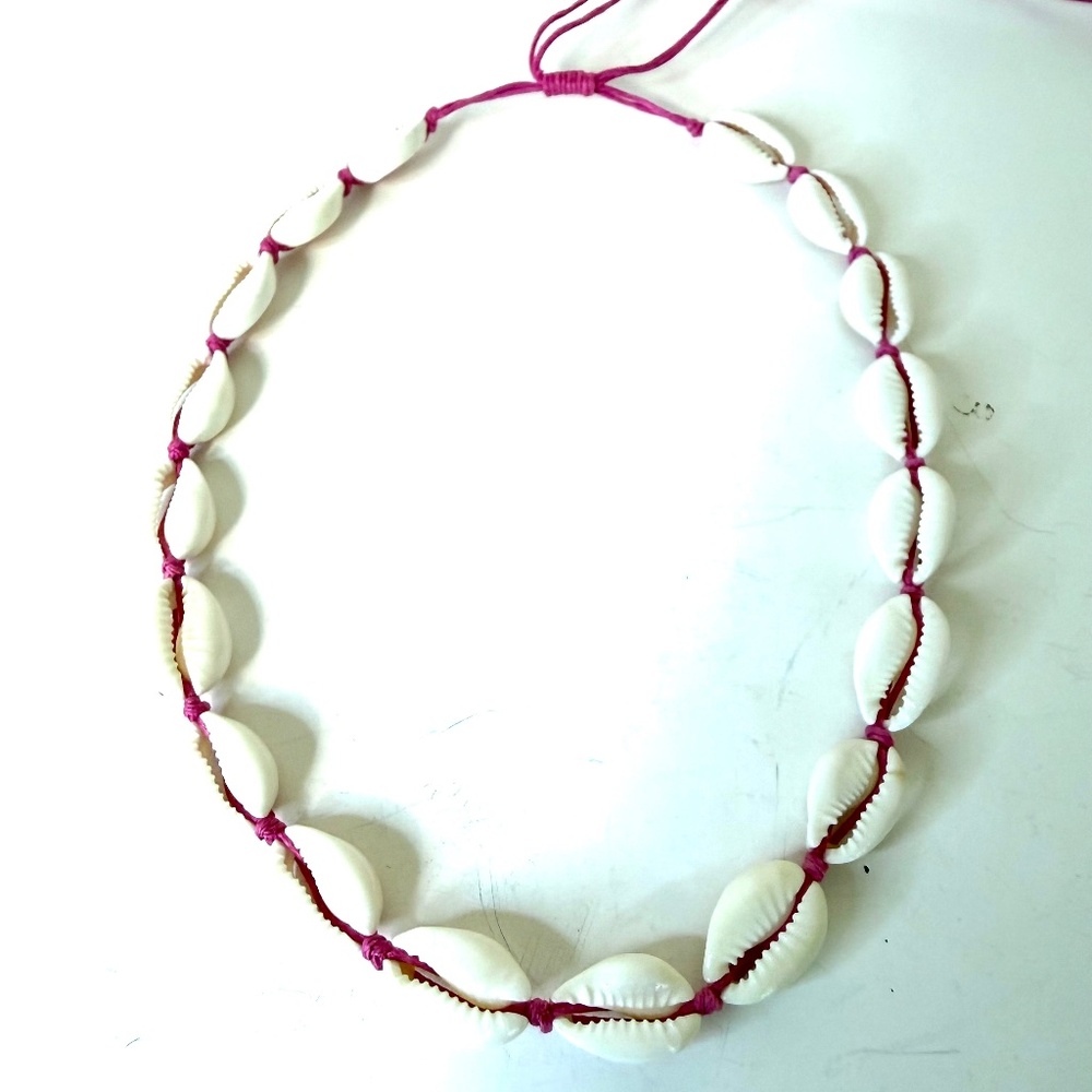 Cowrie Shell Necklace Adjustable Pink Cord Choker Handmade Beach Boho Shell Surf